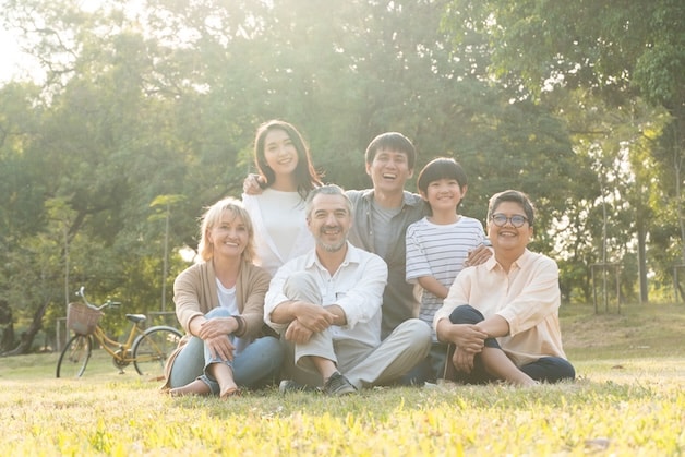family sitting on grass