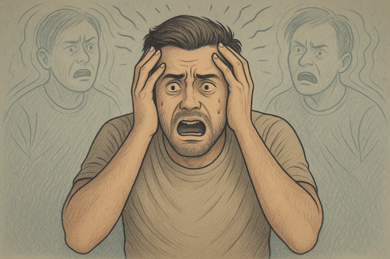 A man in distress while hearing voices from another person in their mind