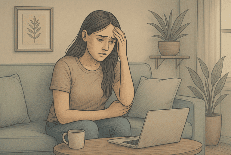 A person sitting on a sofa looking at a laptop with their hand on their forehead