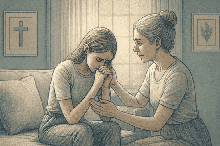 An illustration of a concerned family member reaching out to support someone experiencing distressing religious thoughts