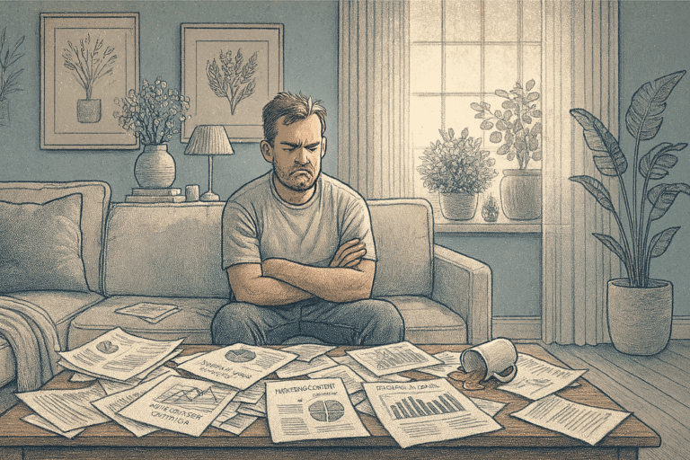 An illustration of a man disgruntled while sitting on the couch