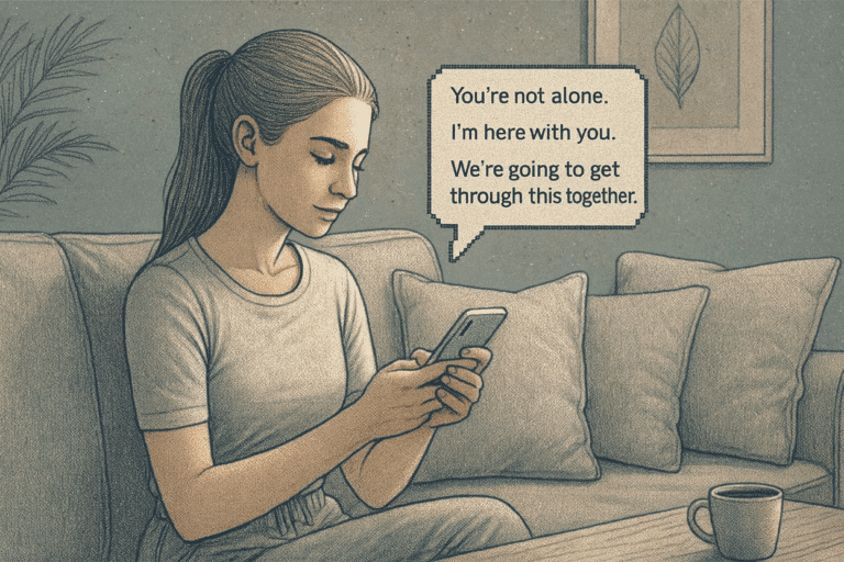 An illustration of a person texting supportive messages to help someone through a panic attack