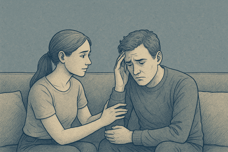 An illustration of a woman talking kindly to someone with bipolar disorder