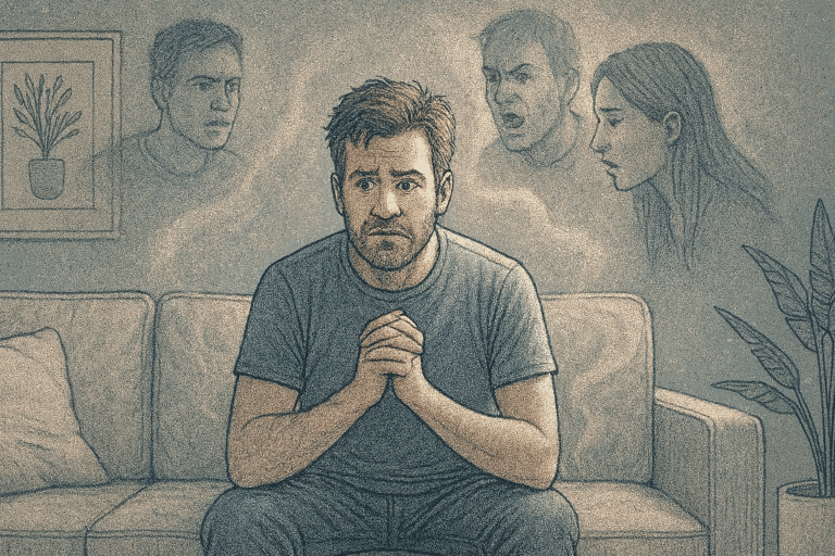 An illustration of an adult going through delusions as a result of depression