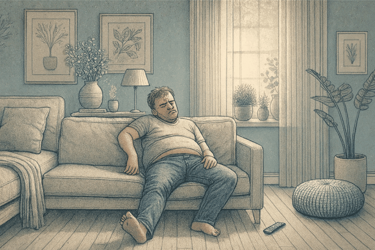 An illustration of an adult slouched on the couch