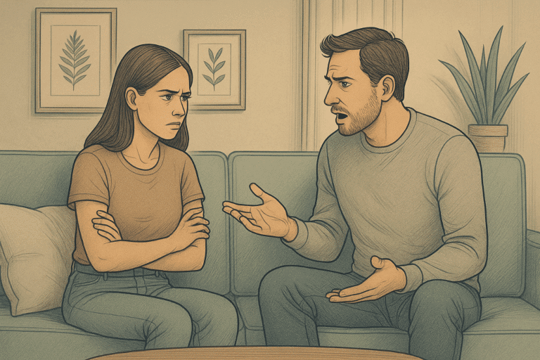Illustration of a woman and her husband in a tense conversation