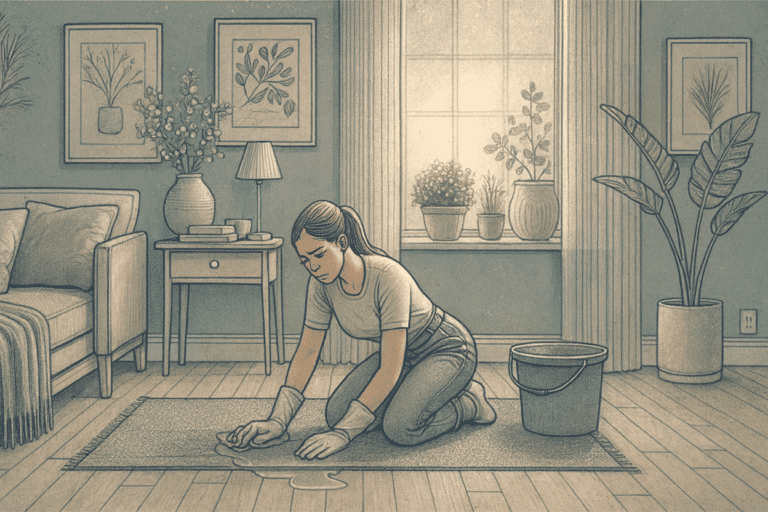 Illustration of a woman kneeling on the floor, cleaning a spill on a rug with gloves on, in a cozy room